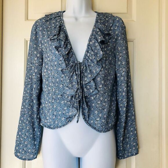 Abercrombie & Fitch Blue V-Neck Ruffle Tie Blouse - Picture 1 of 7